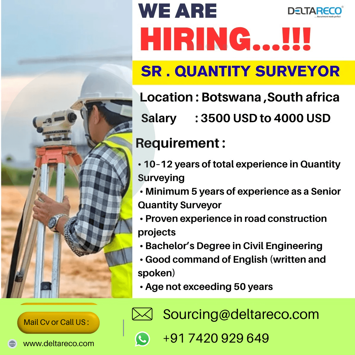 Hiring Senior Quantity Surveyor for South Africa Hiring Senior Quantity Surveyor for South Africa