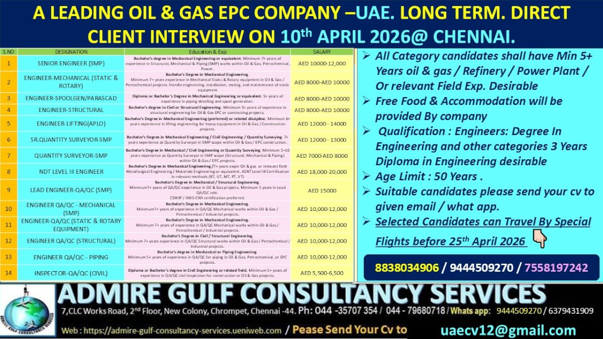 A  LEADING OIL & GAS  EPC COMAPNY -UAE. LONG TERM . DIRECT CLEINT INTERVIEW ON 10th APRIL 2026 @ CHENNAI