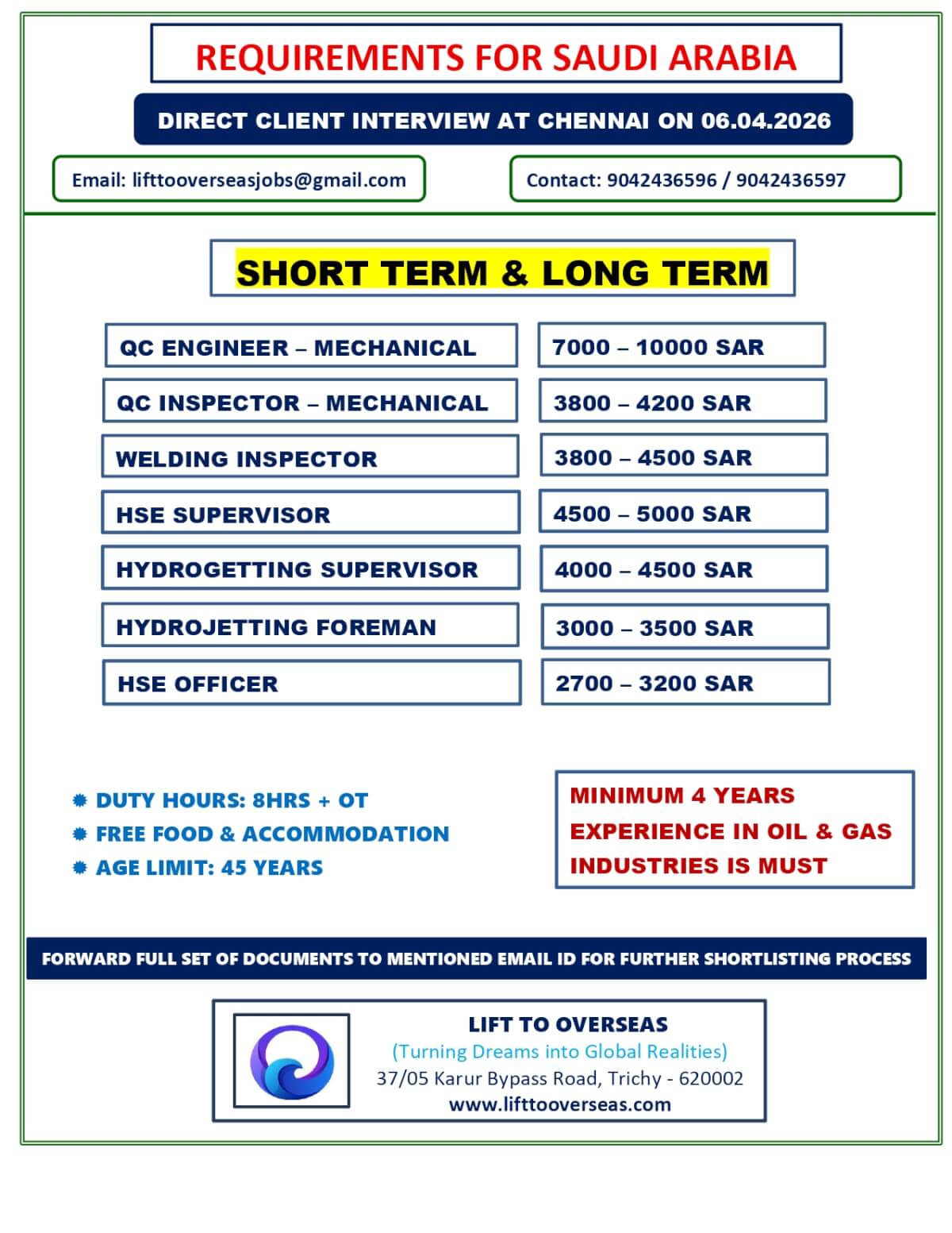 QC Engineer - Mechanical, QC Inspector - Mechanical, Welding Inspector, HSE Supervisor, Hydrogetting Supervisor, Hydrojetting Foreman, HSE Officer