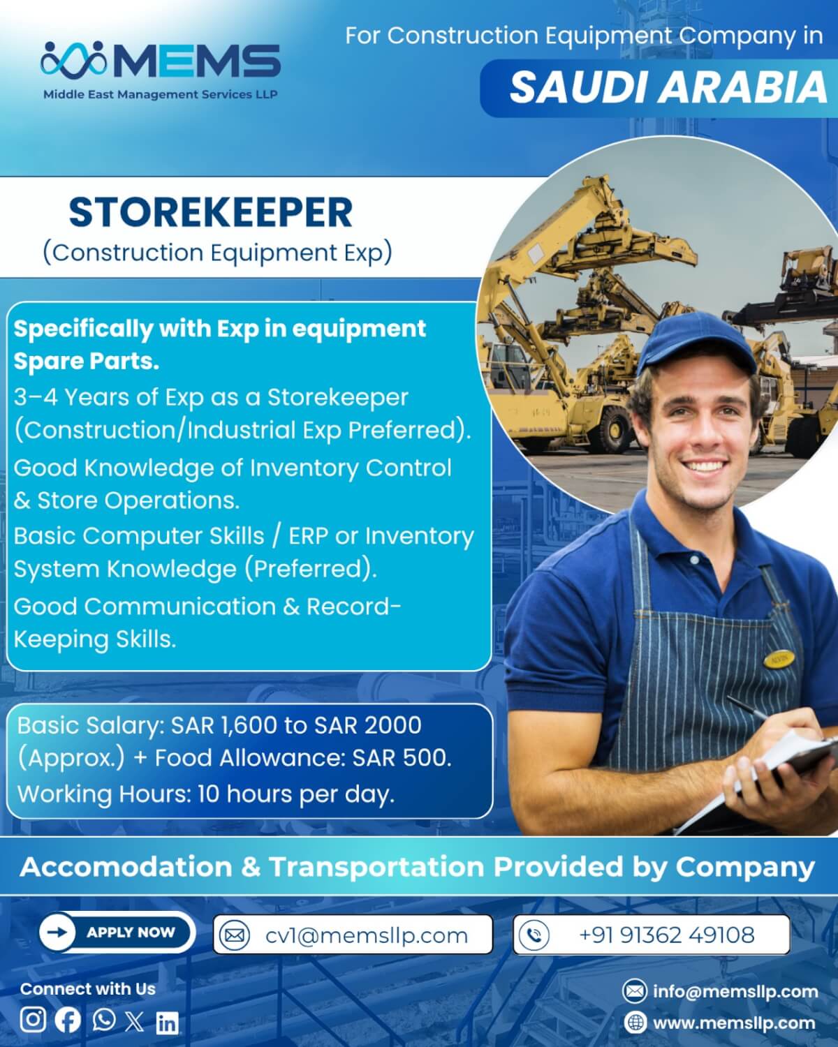 We are hiring Storekeeper (Construction Equipment Experience) for a reputed Construction Equipment Company in Saudi Arabia. We are hiring Storekeeper (Construction Equipment Experience) for a reputed Construction Equipment Company in Saudi Arabia.