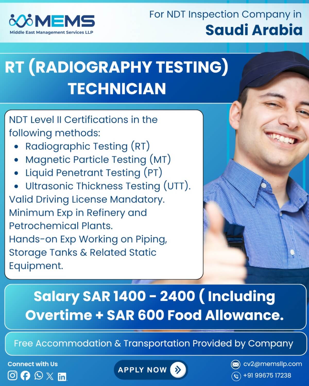 We are hiring RT (Radiography Testing) Technicians for a leading NDT Inspection Company in Saudi Arabia.