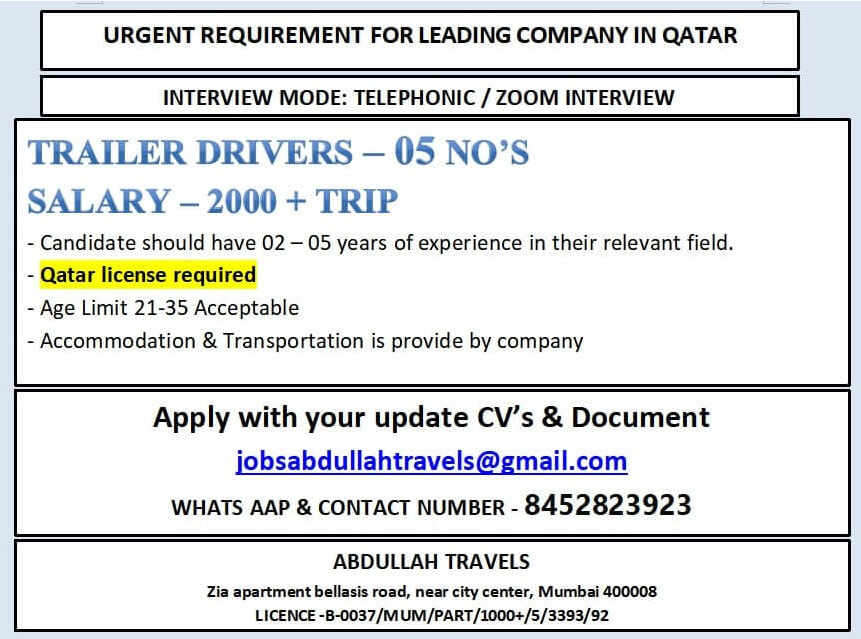 URGENT REQUIREMENT FOR LEADING COMPANY IN QATAR URGENT REQUIREMENT FOR LEADING COMPANY IN QATAR