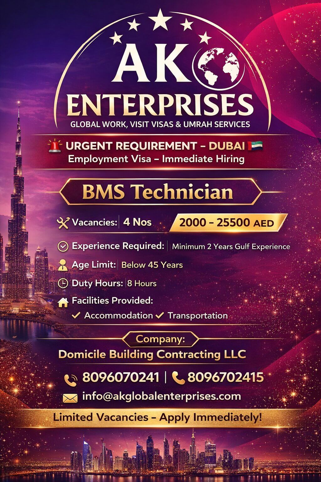 Top Urgent requirement for Dubai company Employments visa- BMS Technician