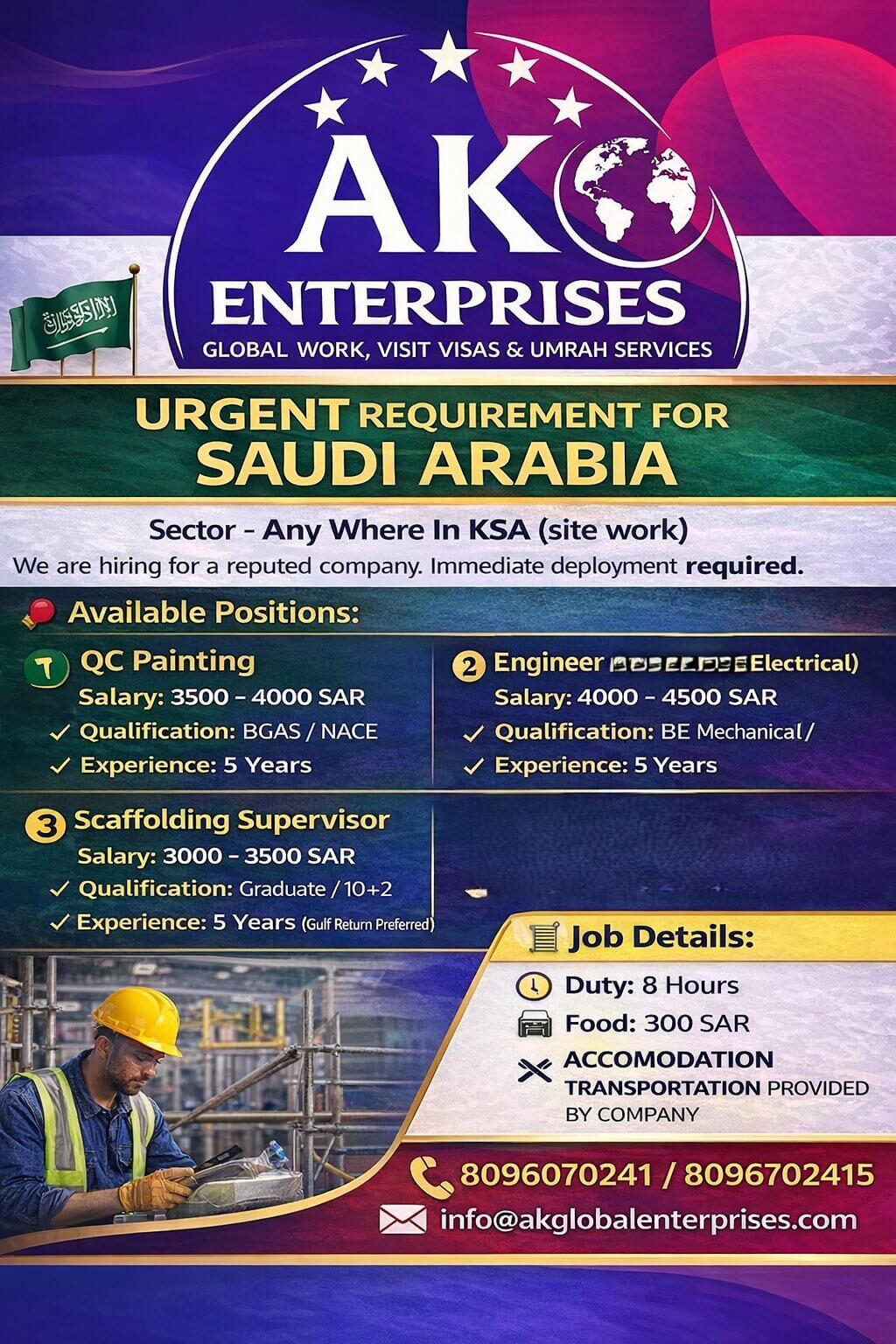 URGENT REQUIREMENT FOR SAUDI ARABIA ?????? Sector - Any Where In KSA (site work )