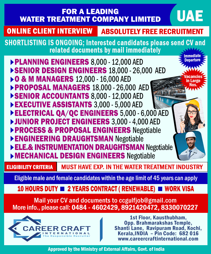 Gulf Water Treatment Co.Ltd. requires candidates for UAE -