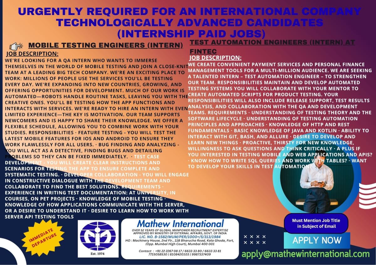 10 - URGENTLY REQUIRED FOR AN INTERNATIONAL COMPANY - TECHNOLOGICALLY ADVANCED CANDIDATES (internship paid jobs)