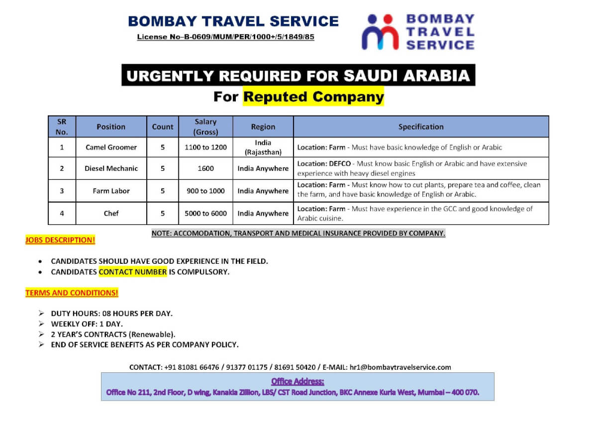 URGENTLY REQUIRED FOR KSA REPUTED CO.