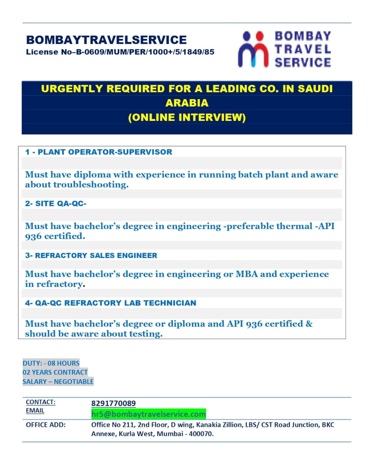 URGENTLY HIRING FOR SAUDI ARABIA