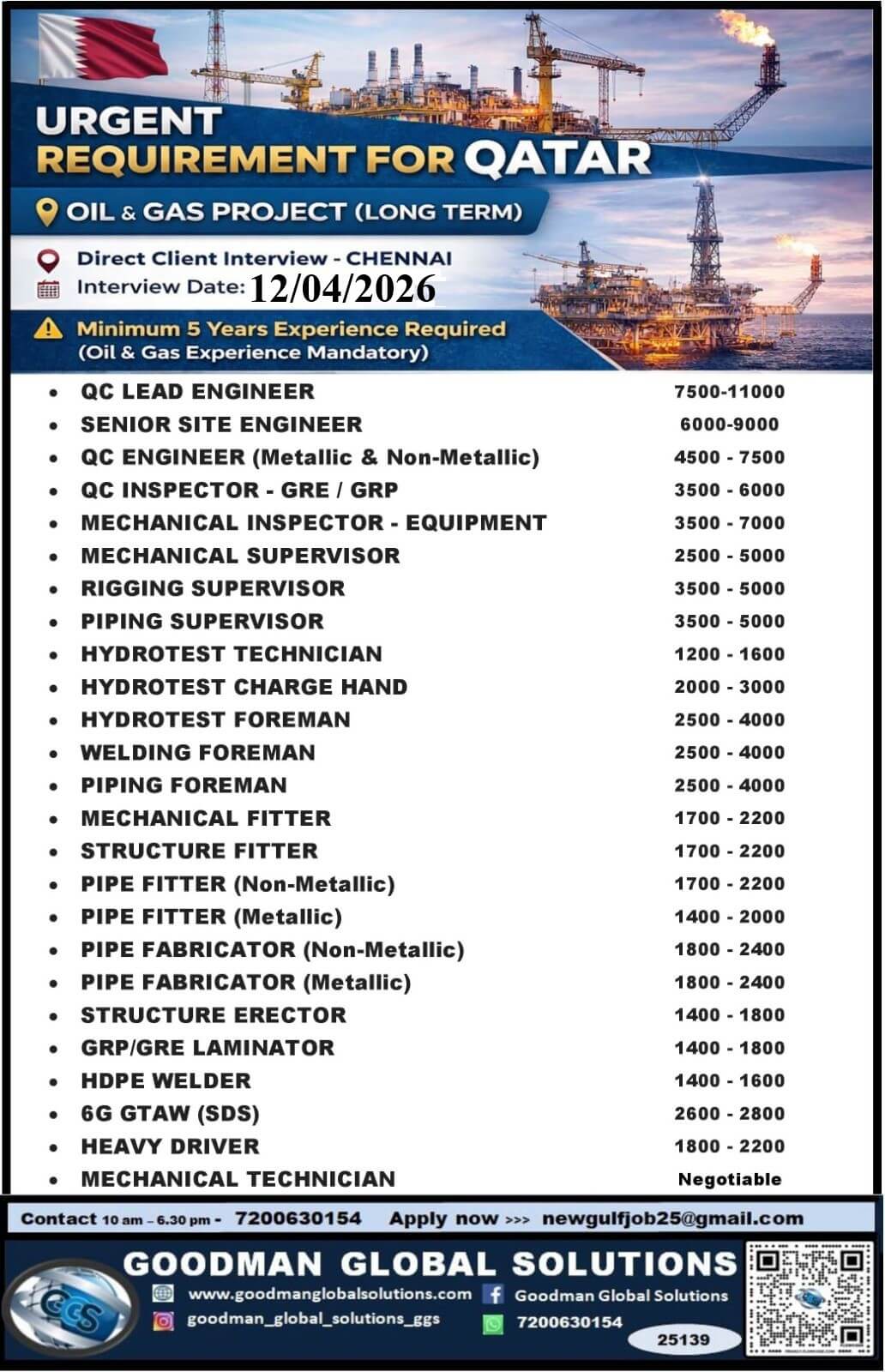 URGENT REQUIREMENT - QATAR ( OIL & GAS PROJECT) DIRECT CLIENT INTERVIEW IN CHENNAI @ 12-04-2026 URGENT REQUIREMENT - QATAR ( OIL & GAS PROJECT) DIRECT CLIENT INTERVIEW IN CHENNAI @ 12-04-2026