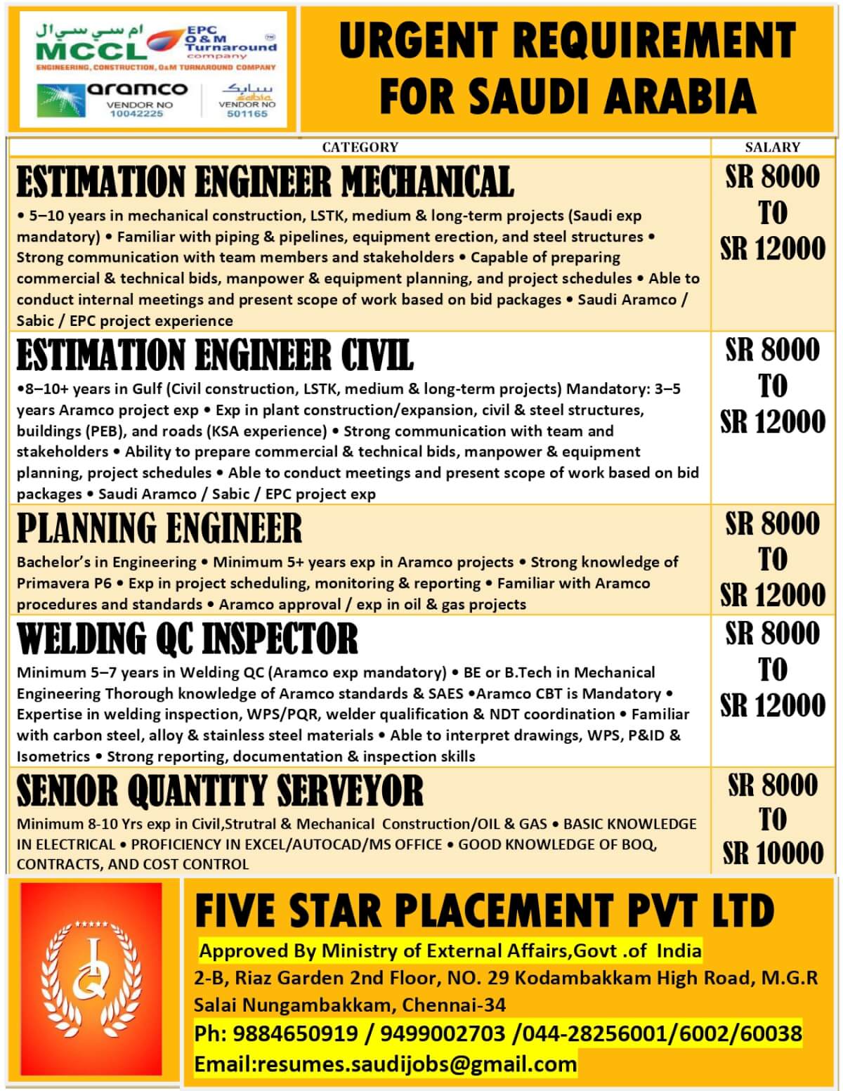 URGENT REQUIREMENT FOR SAUDI ARABIA