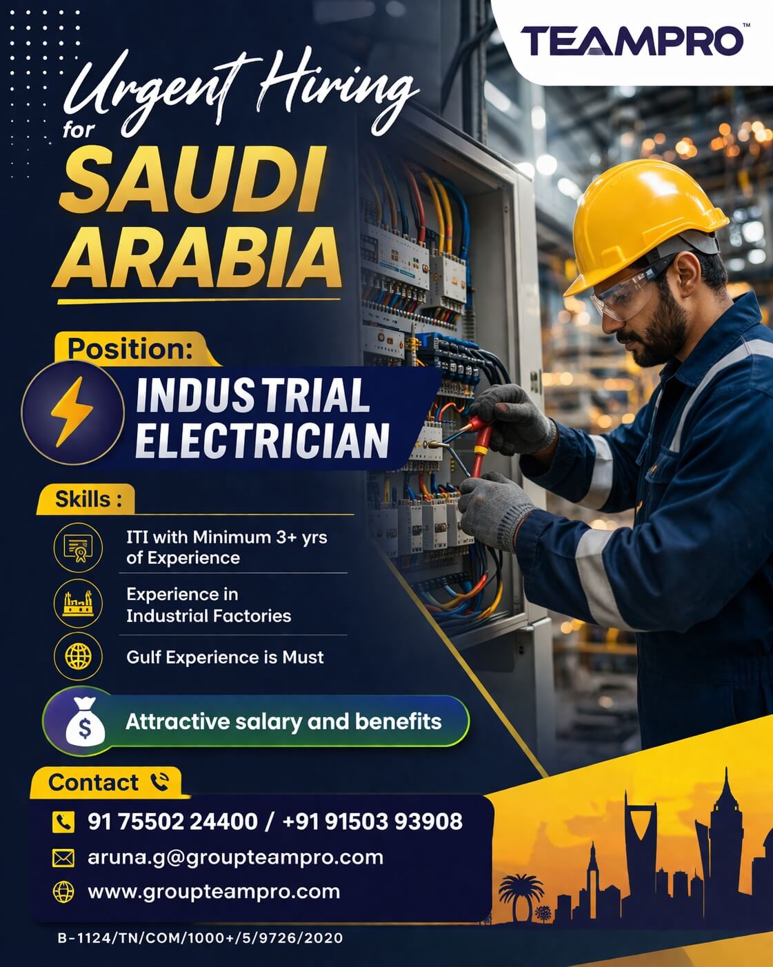 ? Urgent Hiring – Industrial Electrician | Saudi Arabia  We are hiring experienced Industrial Electricians for a reputed project in Saudi Arabia.