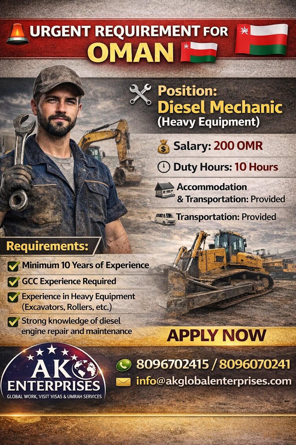 Urgently Hiring for -OMAN Diesel Mechanic Heavy Equipment Urgently Hiring for -OMAN Diesel Mechanic Heavy Equipment
