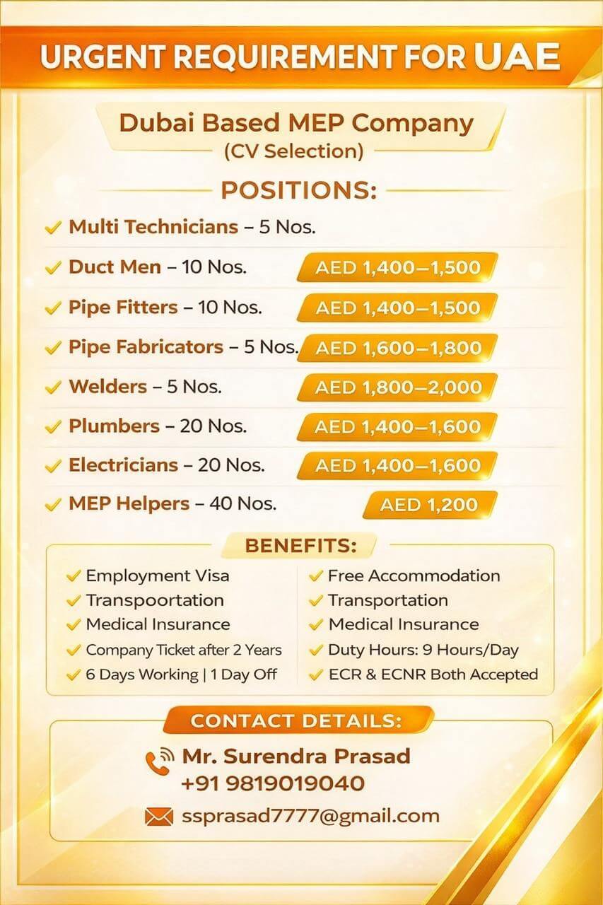 Multi Technician, duct men, pipe fitter, pipe fabricator, welder, plumbers, electrician, mep helper