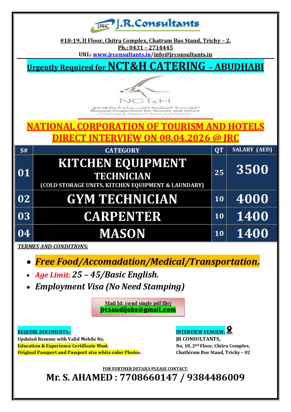 URGENTLY REQUIRED FOR A LEADING NCT&H CATERING COMPANY IN ABU DHABI DIRECT INTERVIEW ON 08.04.2026 @ JRC TRICHY