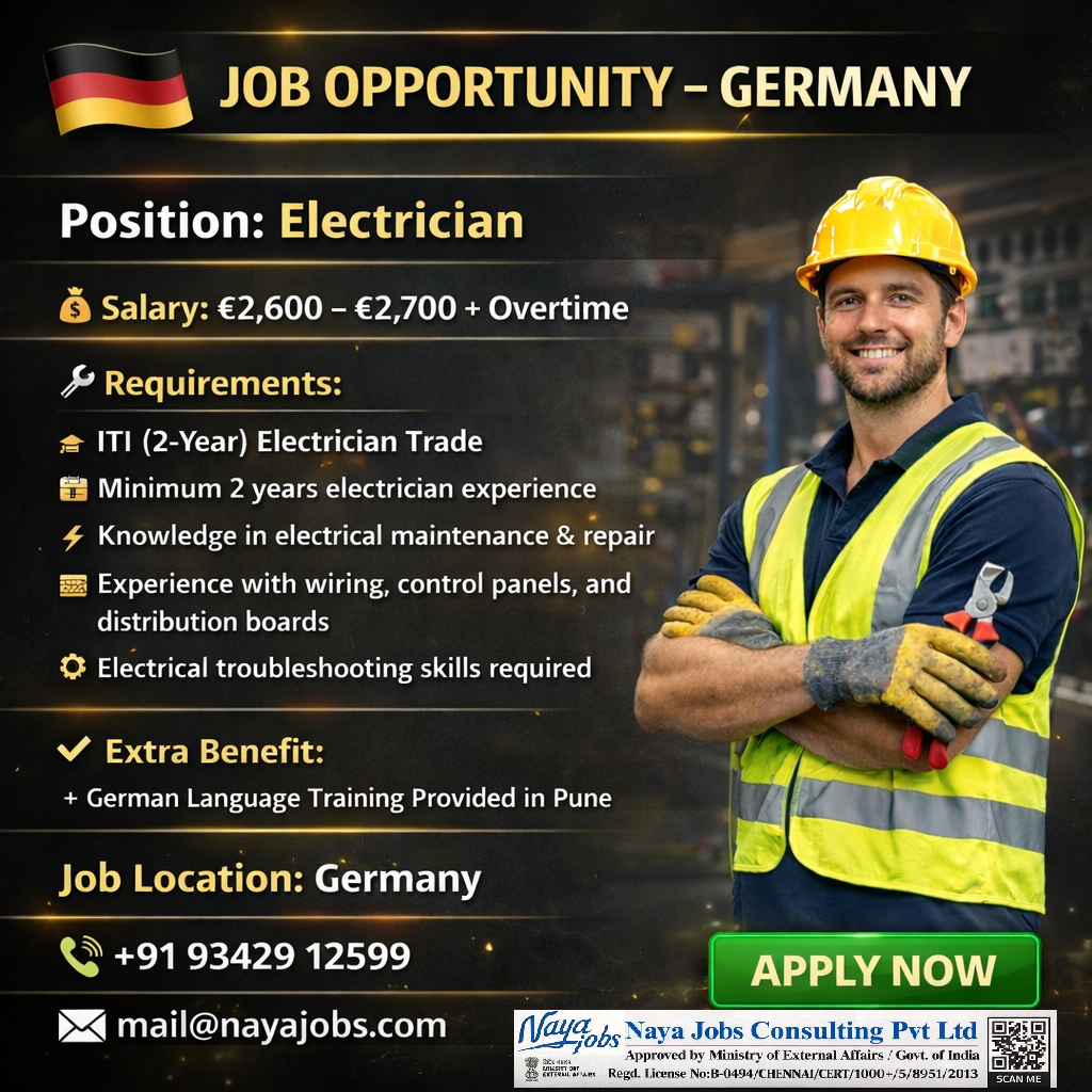 Hiring for Electrician job in Germany
