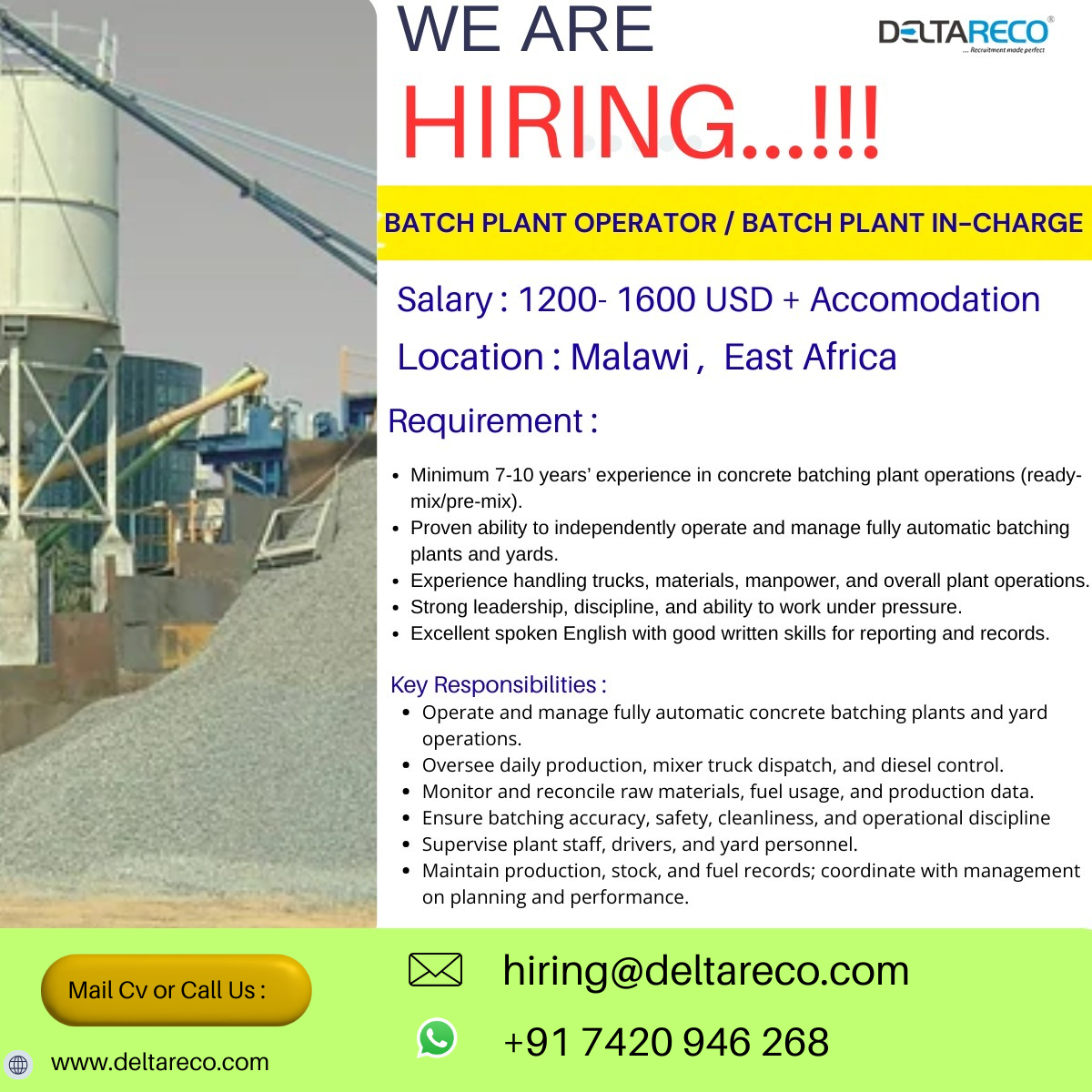 Hiring  Batching plant operator for  Malawi East africa