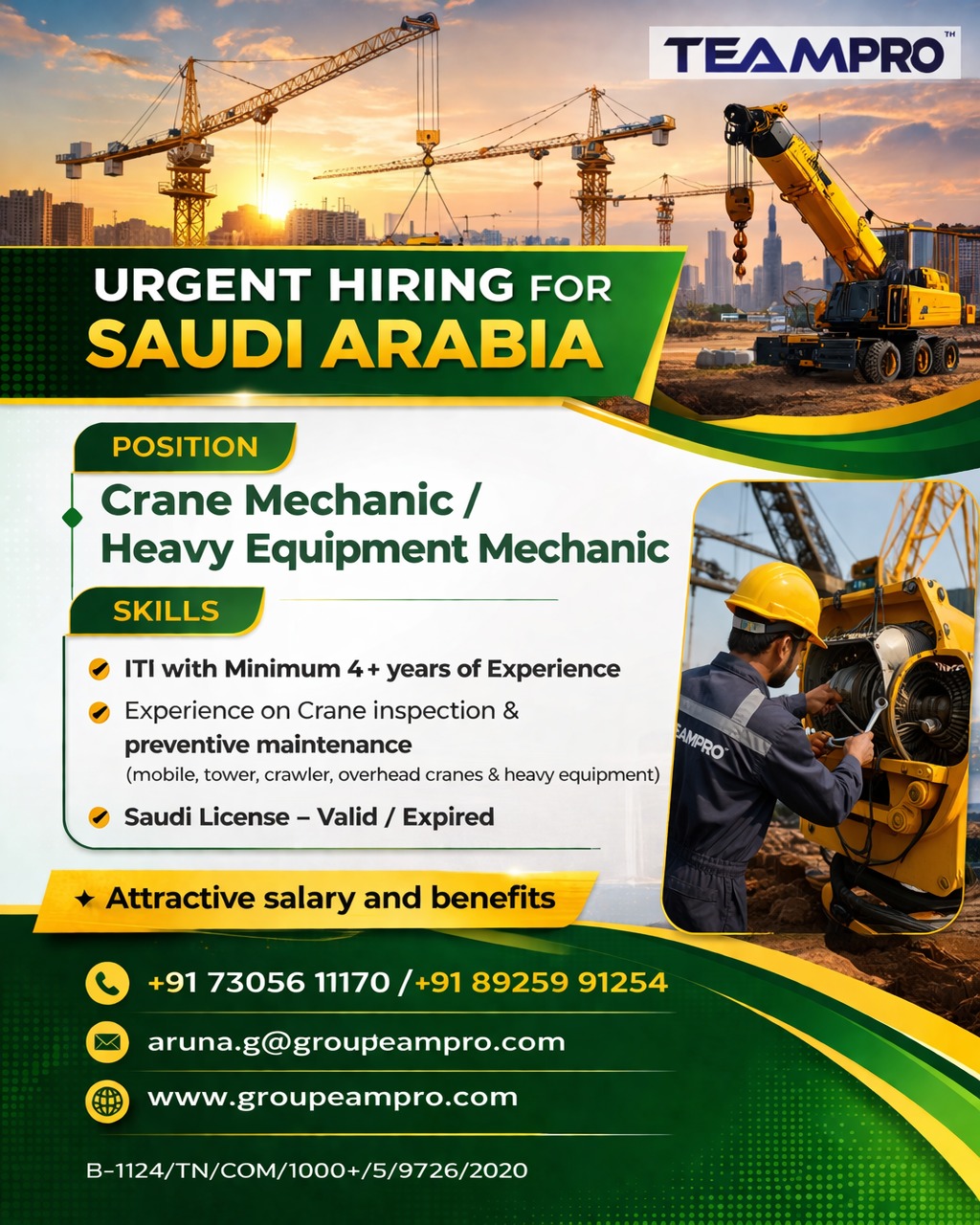? Urgent Hiring – Saudi Arabia  Position: Crane Mechanic / Heavy Equipment Mechanic