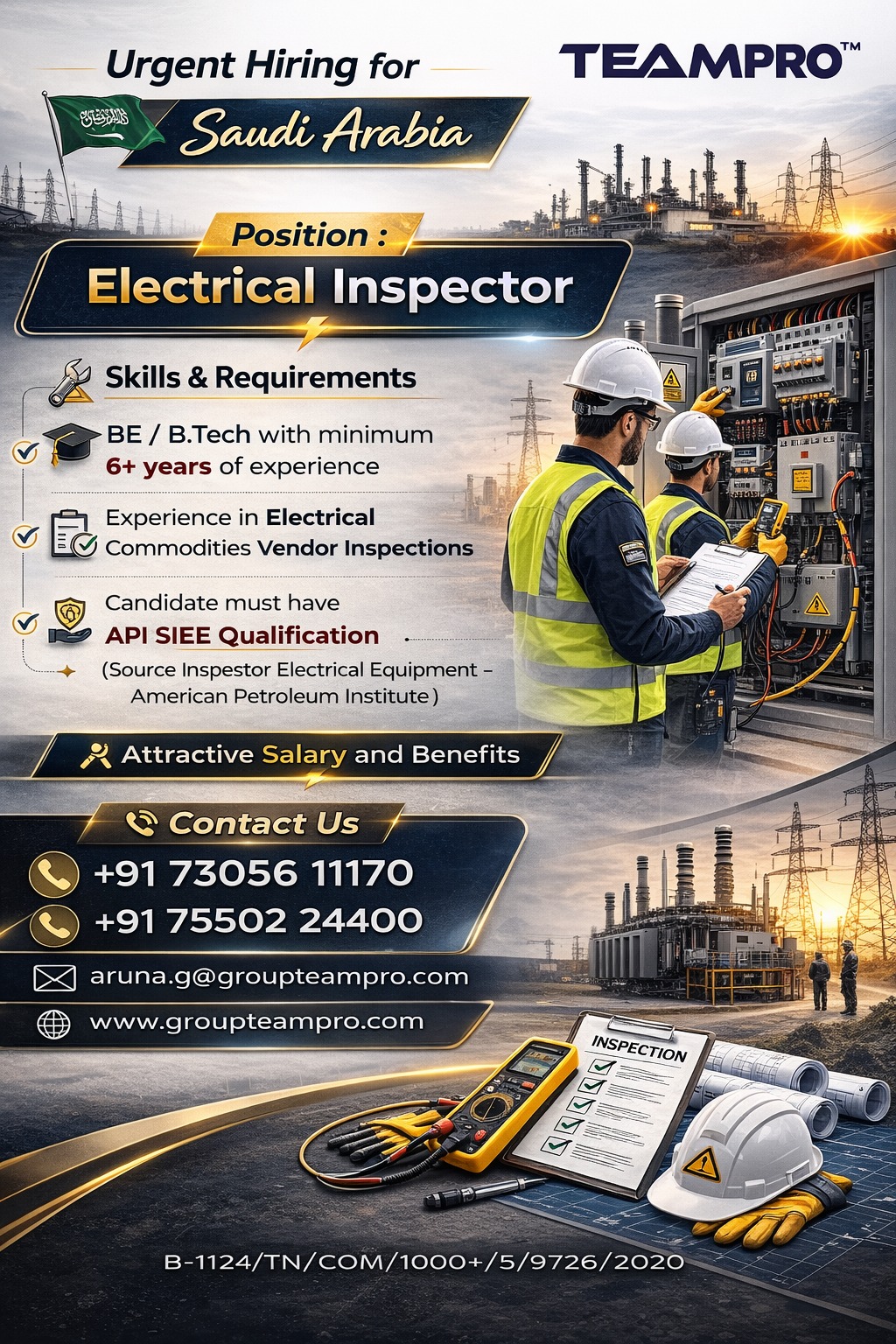 ? **Urgent Hiring – Electrical Inspector | Saudi Arabia**  We are looking for experienced professionals for the position of **Electrical Inspector** for a leading project in **Saudi Arabia**.