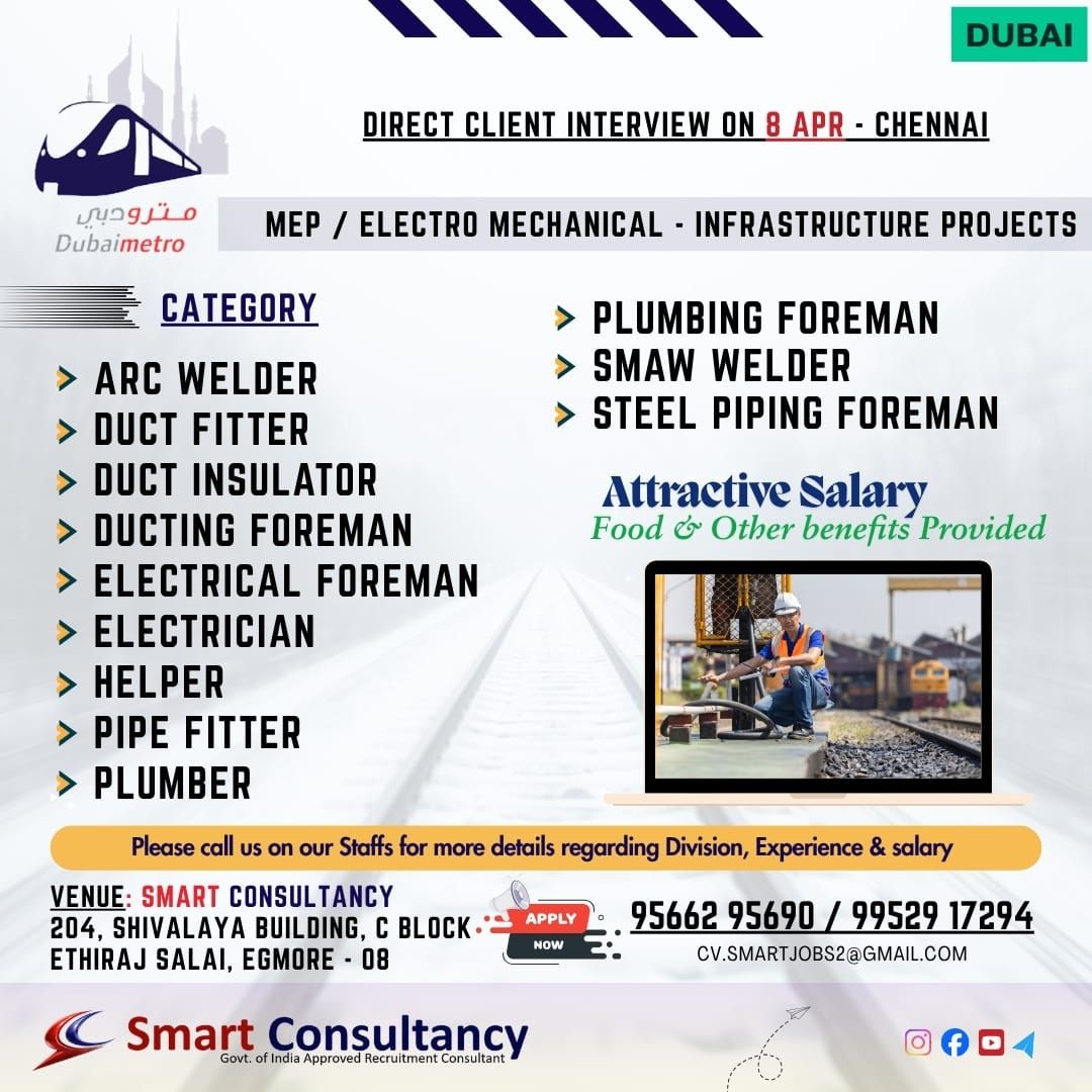?Dubai Infrastructure Project Jobs ??  ?Chennai Direct Interview – 8 APR