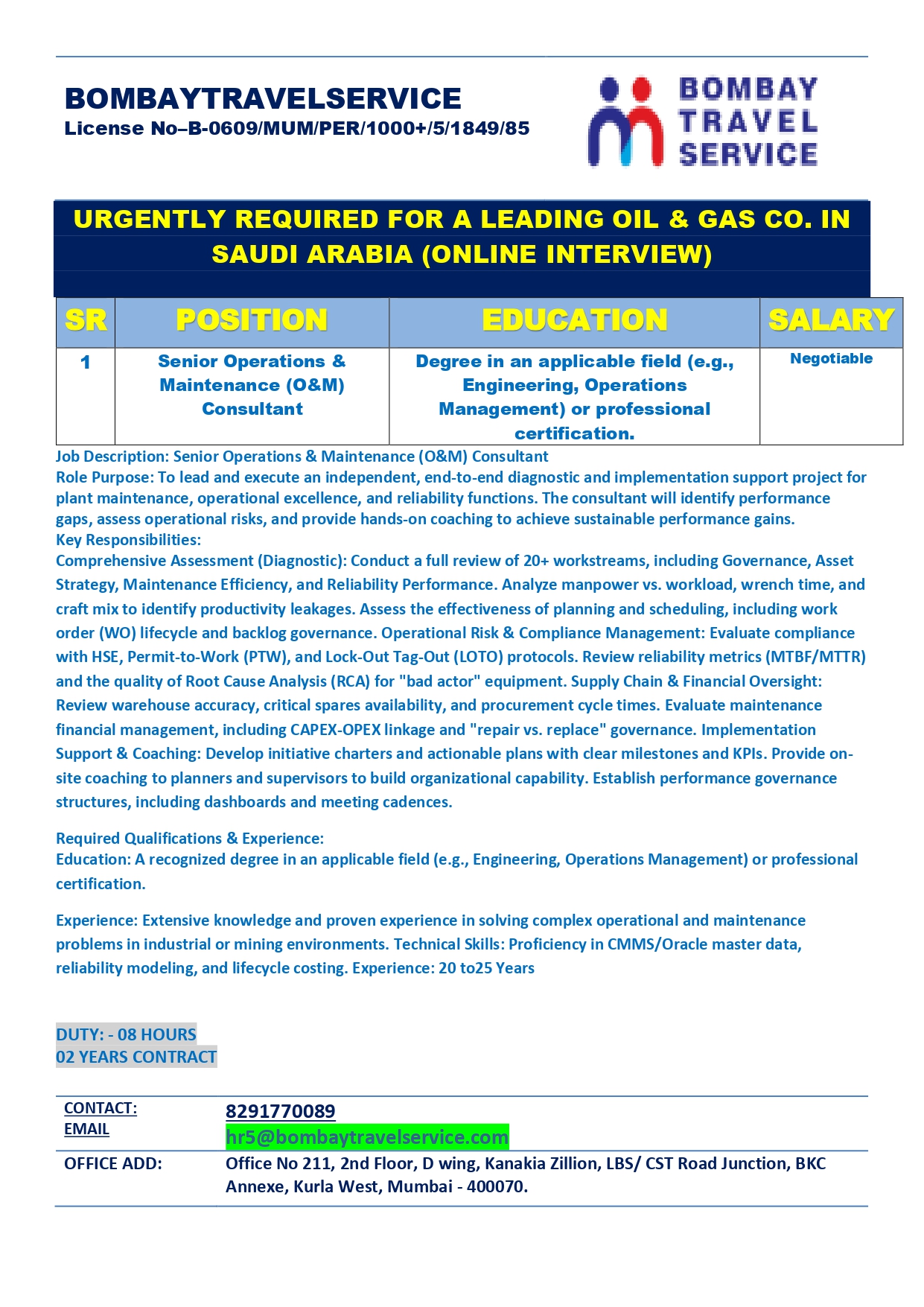 URGENTLY HIRING SR O.M. CONSULTANT FOR SAUDI ARABIA