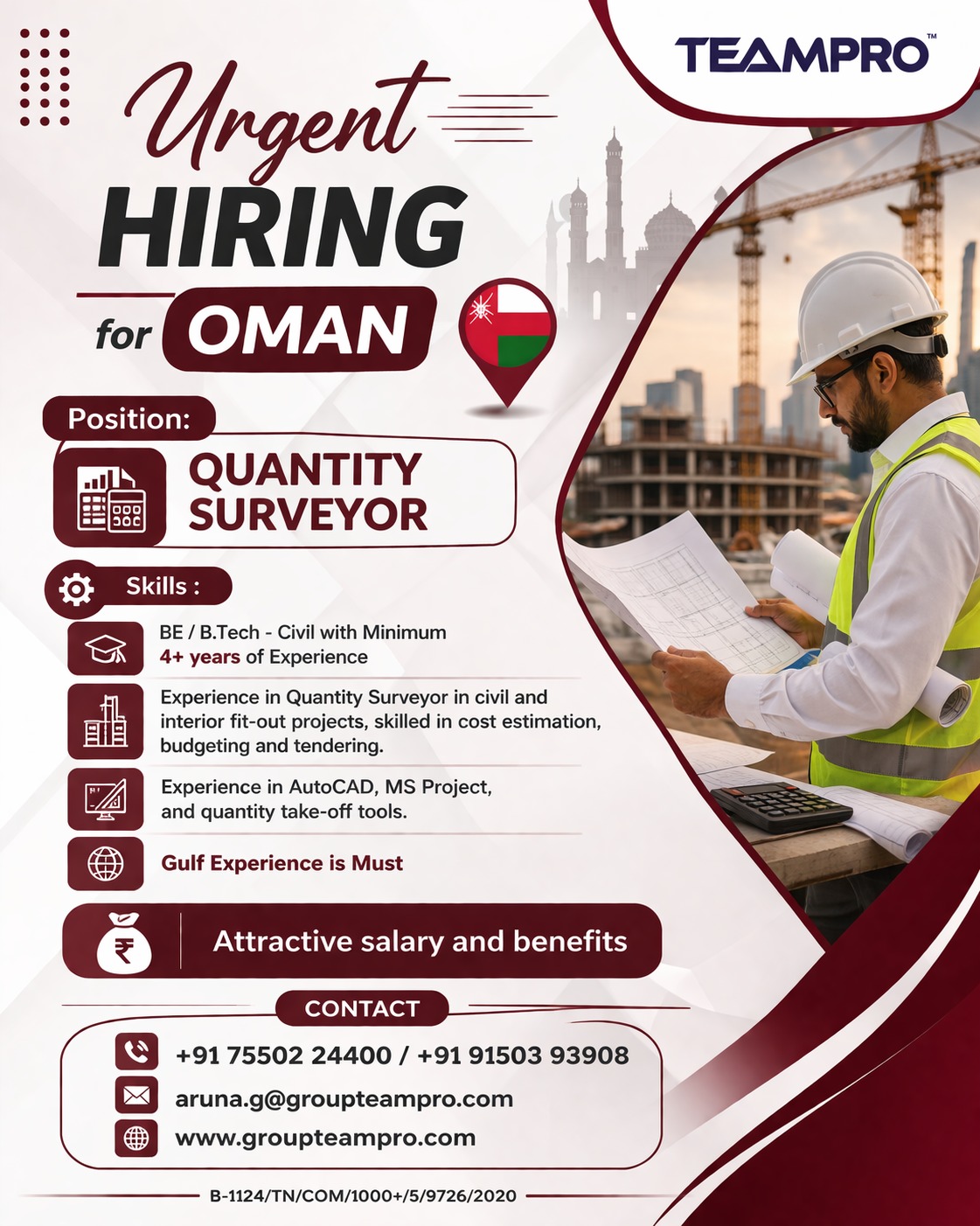 ? Urgent Hiring – Quantity Surveyor | Oman  We are looking for an experienced Quantity Surveyor for projects in Oman.
