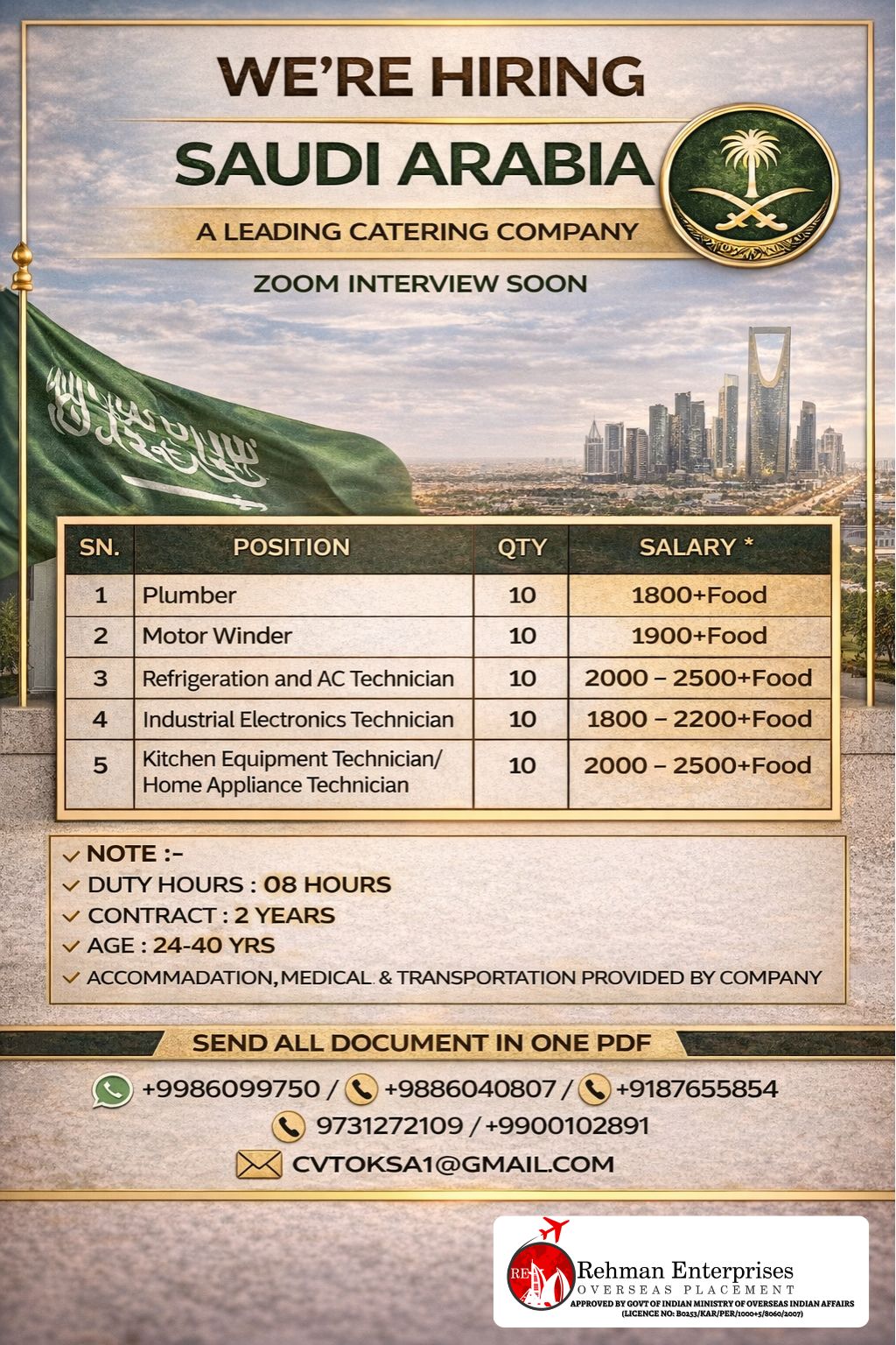 HIRING FOR A LEADING CATERING COMPANY IN SAUDI ARABIA