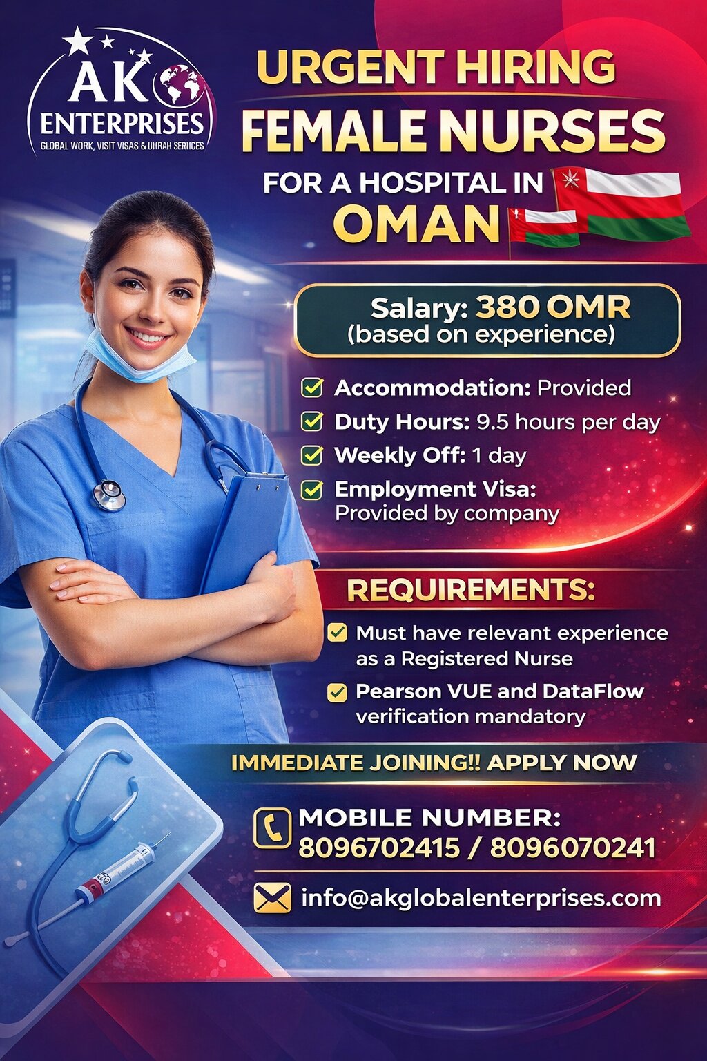 Urgent Hiring – Female NURSES for a Hospital in Oman