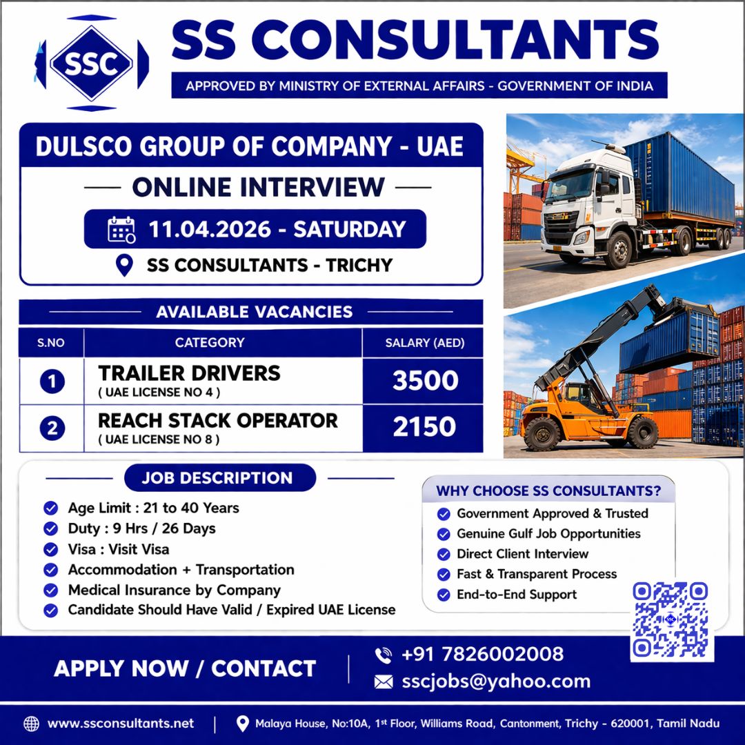UAE Trailer Drivers & Reach Stack Operator Jobs | DULSCO Group UAE | Online Interview – SS Consultants Trichy