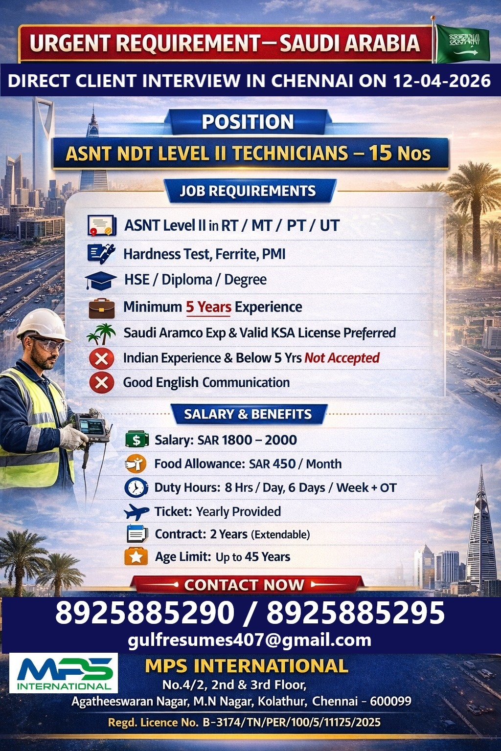 URGENT REQUIREMENT – SAUDI ARABIA  DIRECT CLIENT INTERVIEW IN CHENNAI ON 12-04-2026