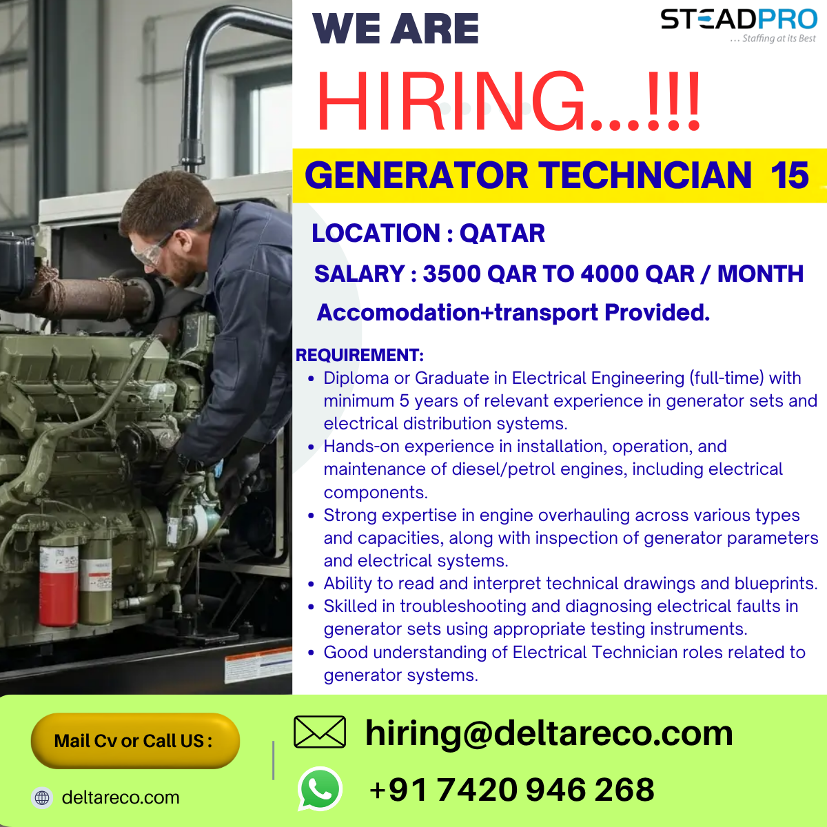Hiring Generator Technician  for qatar
