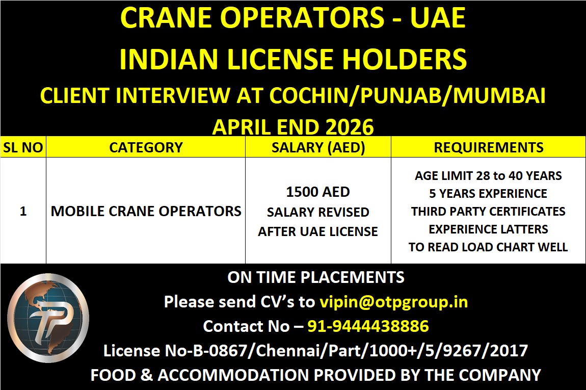 CRANE OPERATORS FOR UAE - INDIAN LICENSE HOLDERS