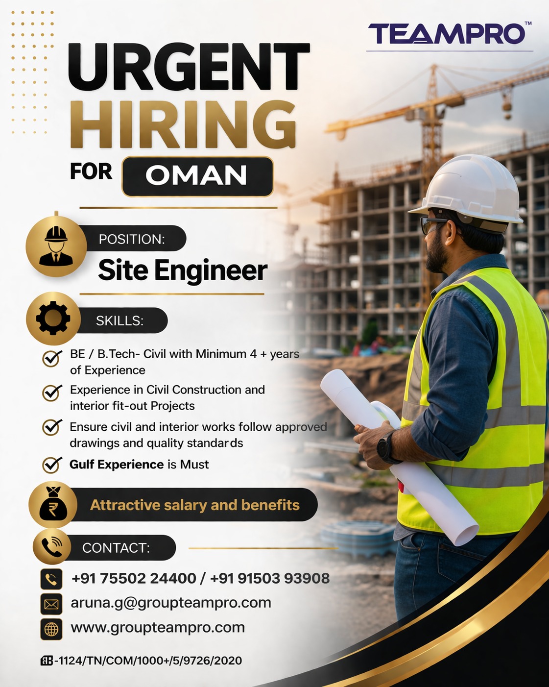 ? **Urgent Hiring – Site Engineer | Oman**  We are hiring an experienced **Site Engineer** for civil construction projects in **Oman**.