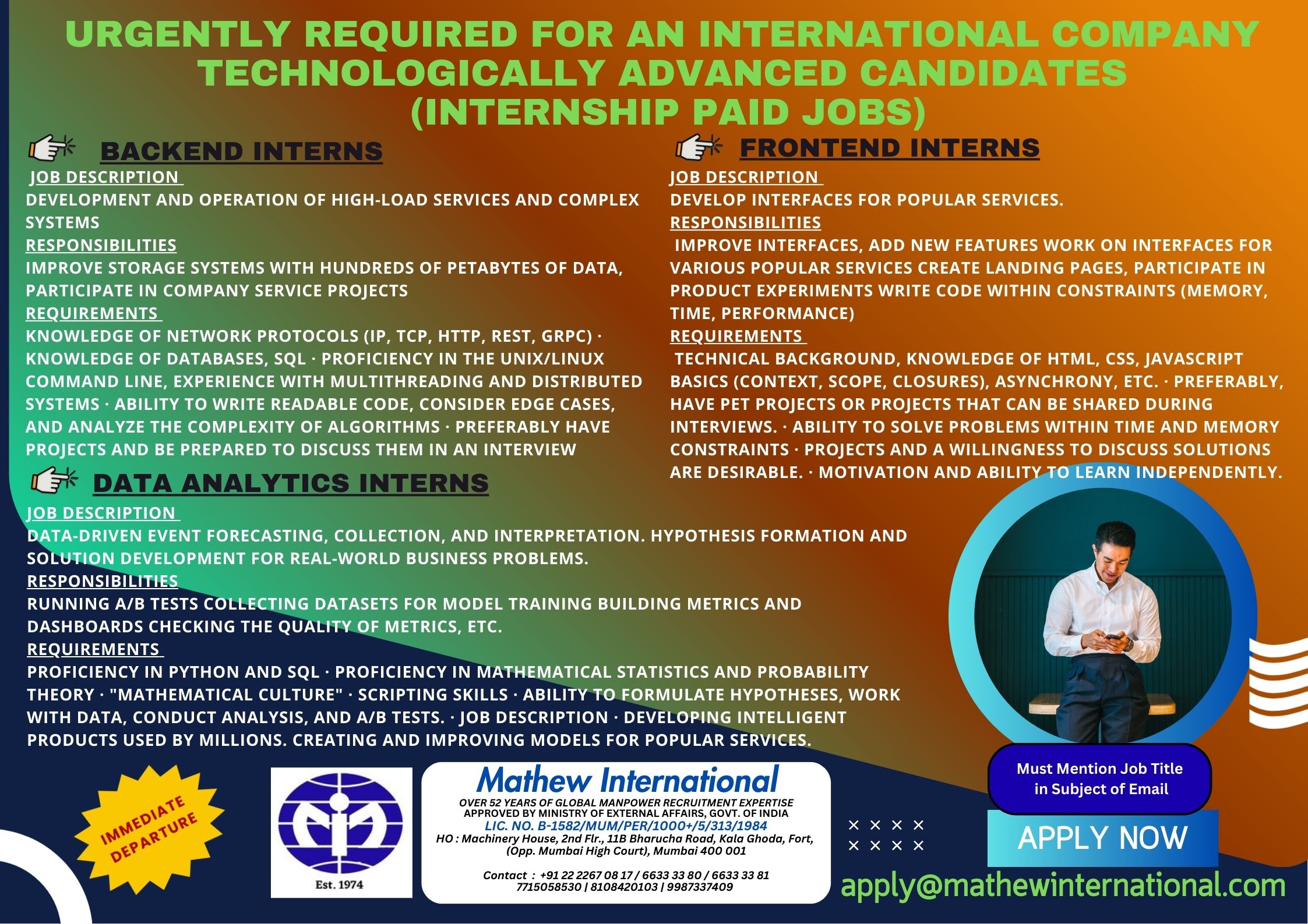 1 - URGENTLY REQUIRED FOR AN INTERNATIONAL COMPANY - TECHNOLOGICALLY ADVANCED CANDIDATES (internship paid jobs)
