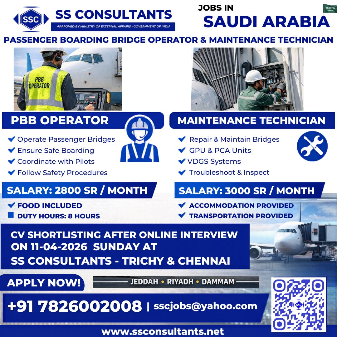 Saudi Arabia Airport Jobs 2026 – Passenger Boarding Bridge Operator & Maintenance Technician | SS Consultants