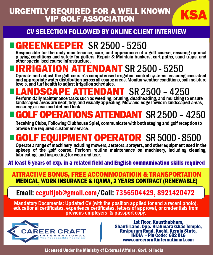 Urgent hiring for a leading Golf Association in Saudi -