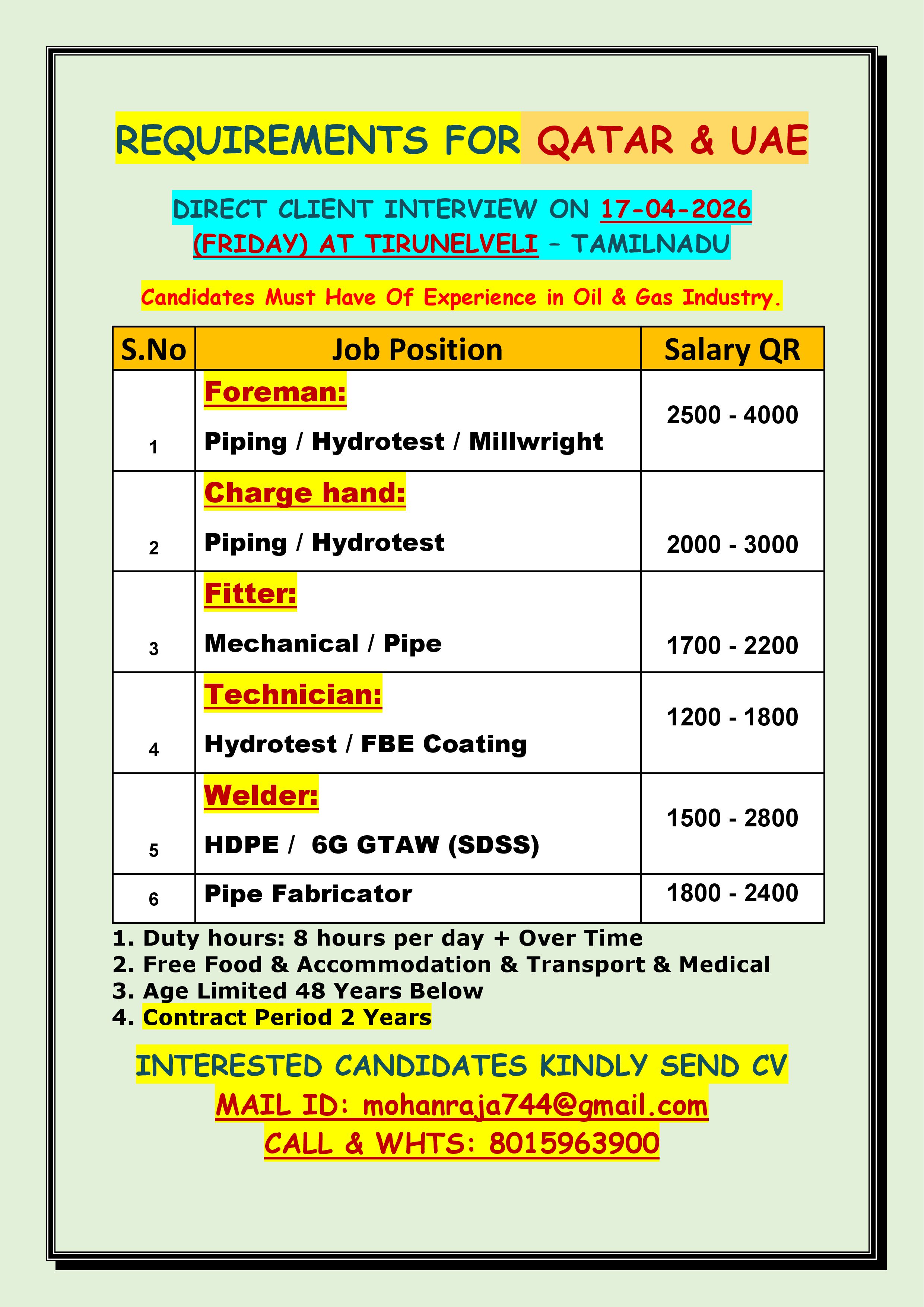 REQUIREMENTS FOR QATAR & UAE - DIRECT CLIENT INTERVIEW ON 17-04-2026 (FRIDAY) AT TIRUNELVELI – TAMILNADU