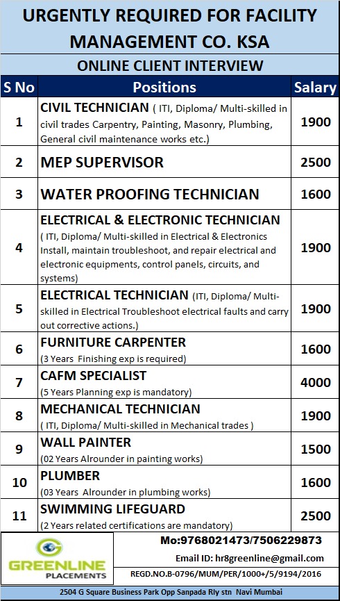 URGENTLY REQUIRED FOR FACILITY MANAGEMENT CO. KSA