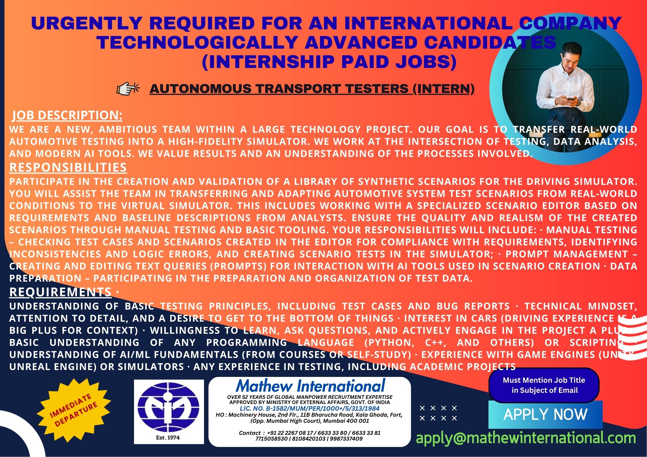 8 - URGENTLY REQUIRED FOR AN INTERNATIONAL COMPANY - TECHNOLOGICALLY ADVANCED CANDIDATES (internship paid jobs)