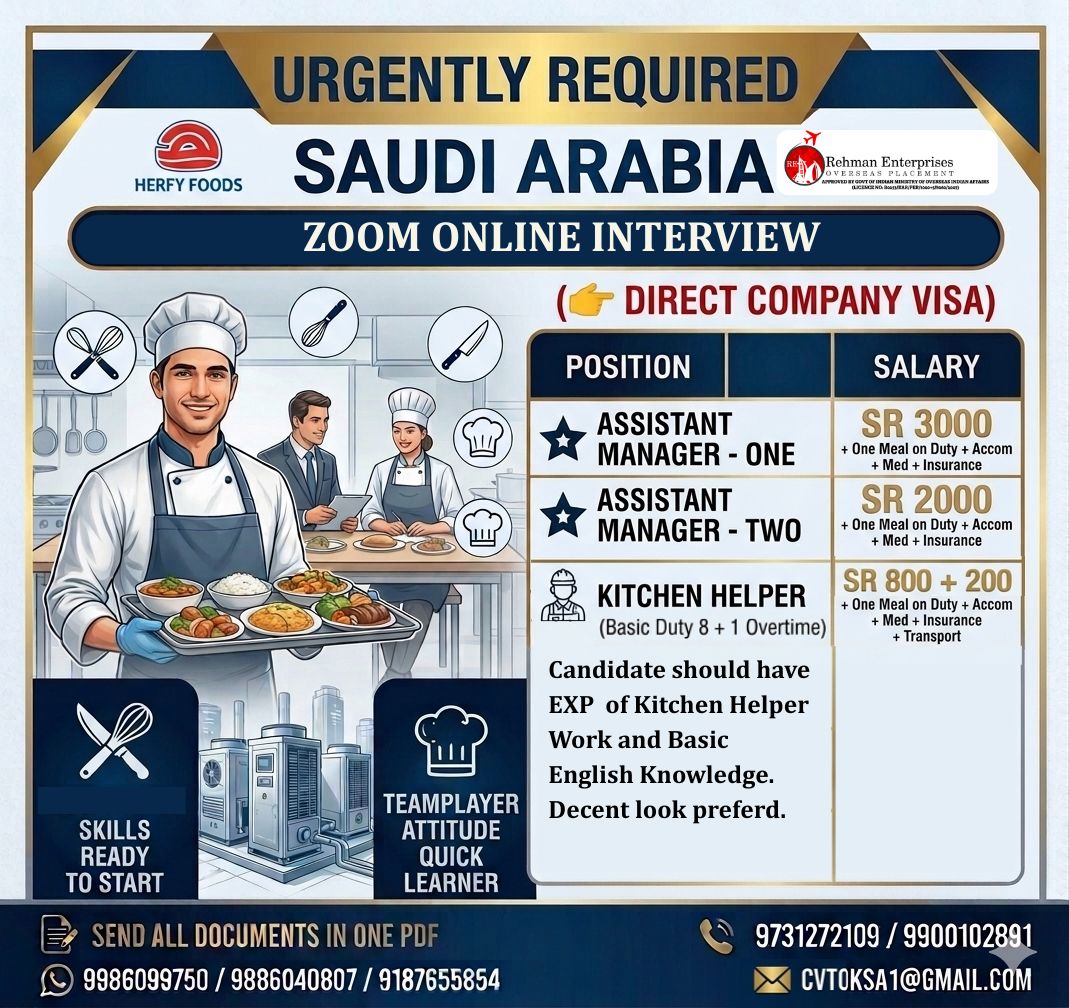 URGENTLY REQUIRED FOR SAUDI ARABIA- ONLINE INTERVIEW