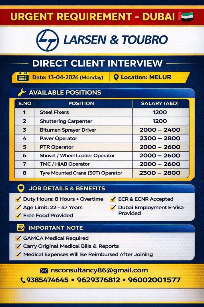LEADING LARSEN & TOUBRO COMPANY REQUIREMENT FOR DUBAI