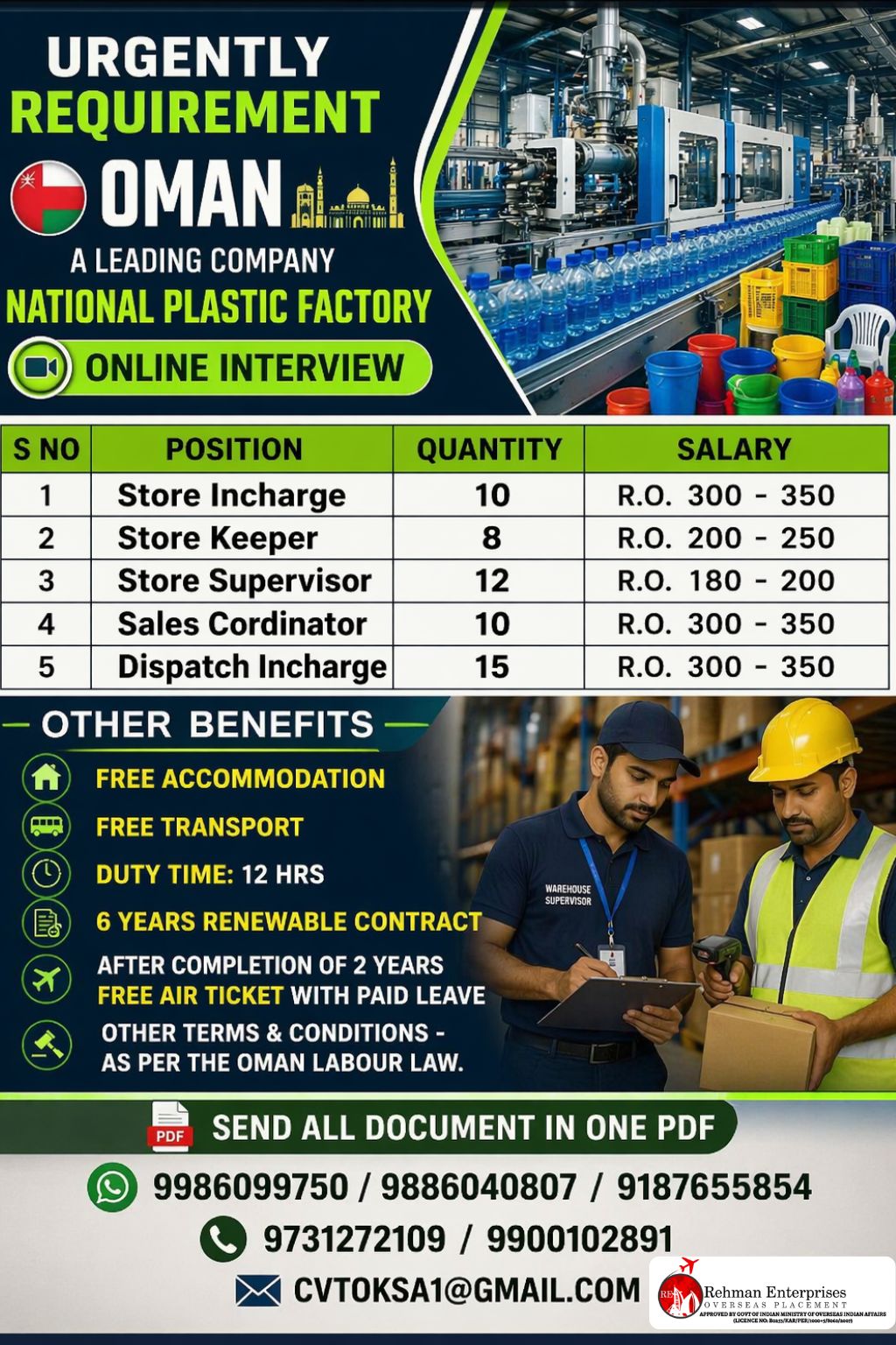 URGENTLY REQUIIRED FO A LEADING NATIONAL PLASTIC FACTORY IN OMAN