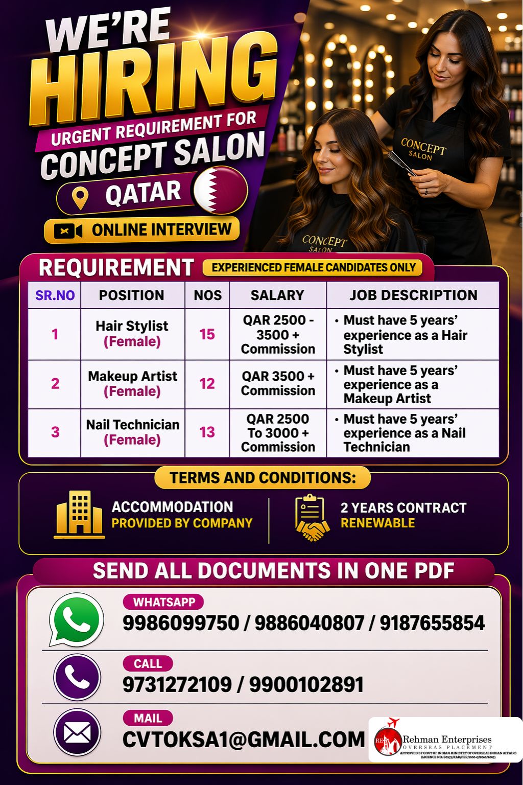 URGENT REQUIREMENT FOR CONCEPT SALON IN QATAR - ONLINE INTERVIEW