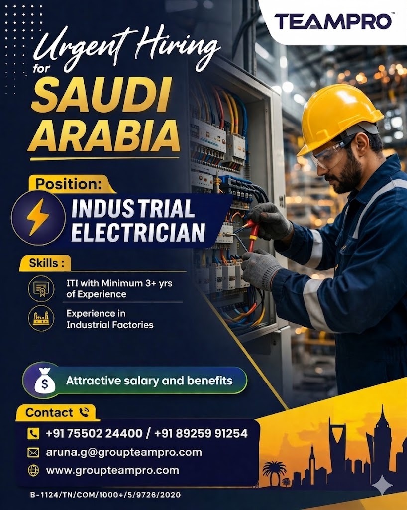 ? Urgent Hiring – Industrial Electrician | Saudi Arabia  We are hiring experienced Industrial Electricians for a reputed project in Saudi Arabia.