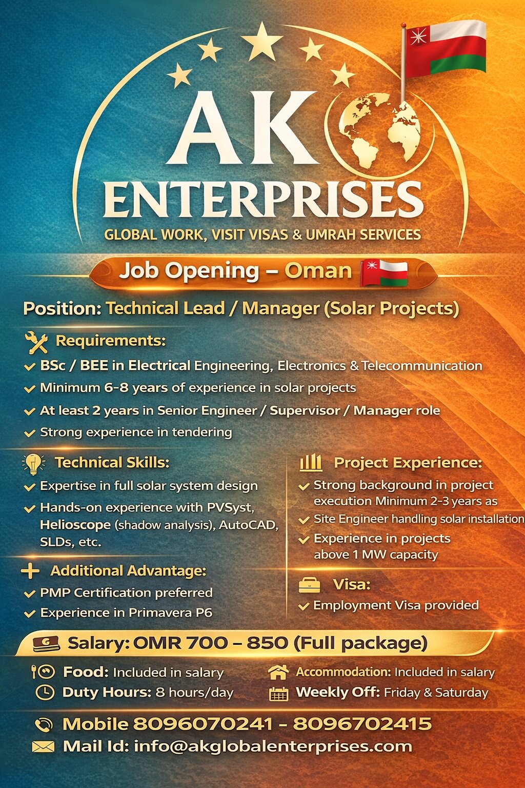 Job Opening – Oman ??  Position: Technical Lead / Manager (Solar Projects)