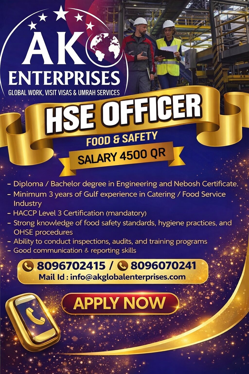 Urgently Requirement for Saudi Arabia- Safety Officer Must have Experience in (Food & Safety)