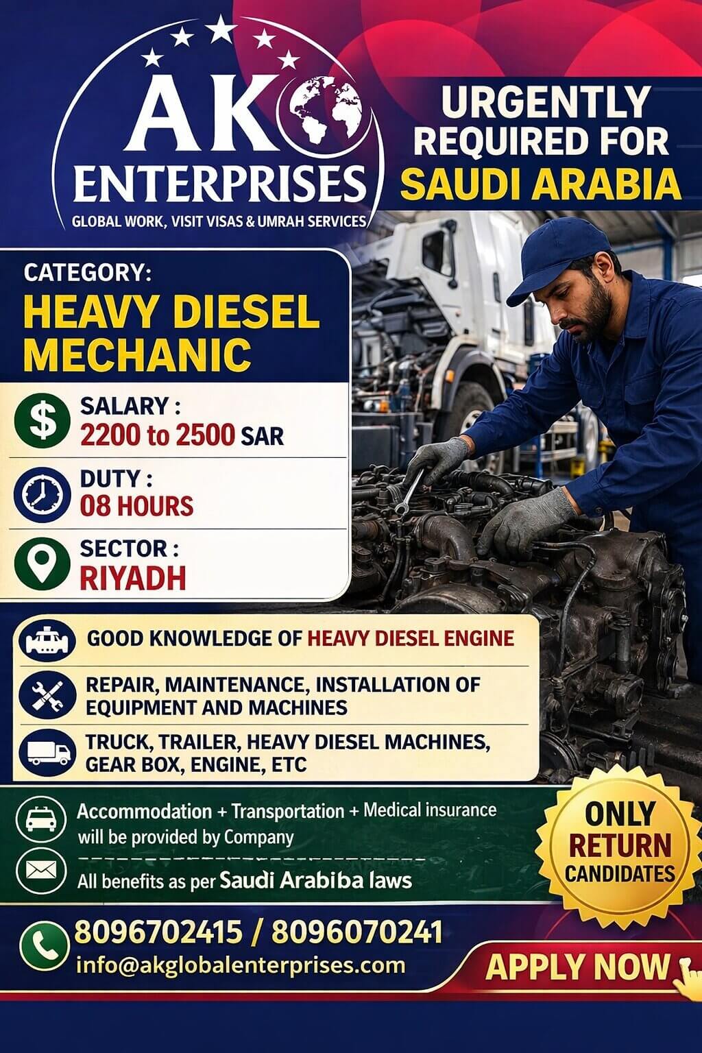 Job Requirement: Urgent hiring for a Heavy Diesel Mechanic position in Saudi Arabia,