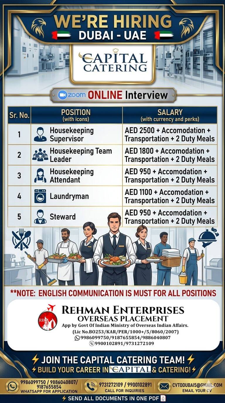 HIRING FOR CAPITAL CATERING IN DUBAI-ONLINE INTERVIEW