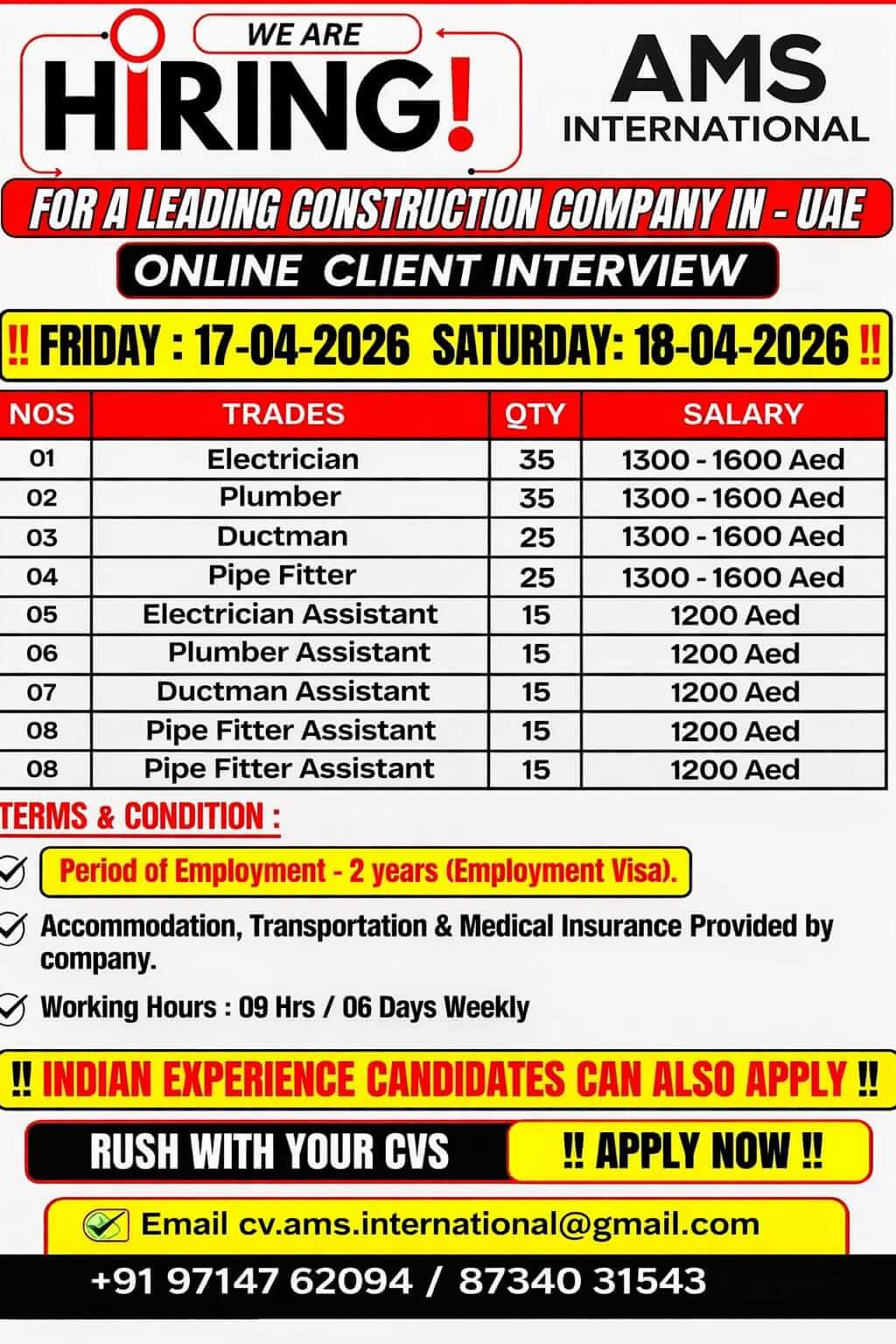 Hiring For Reputed Company In Uae