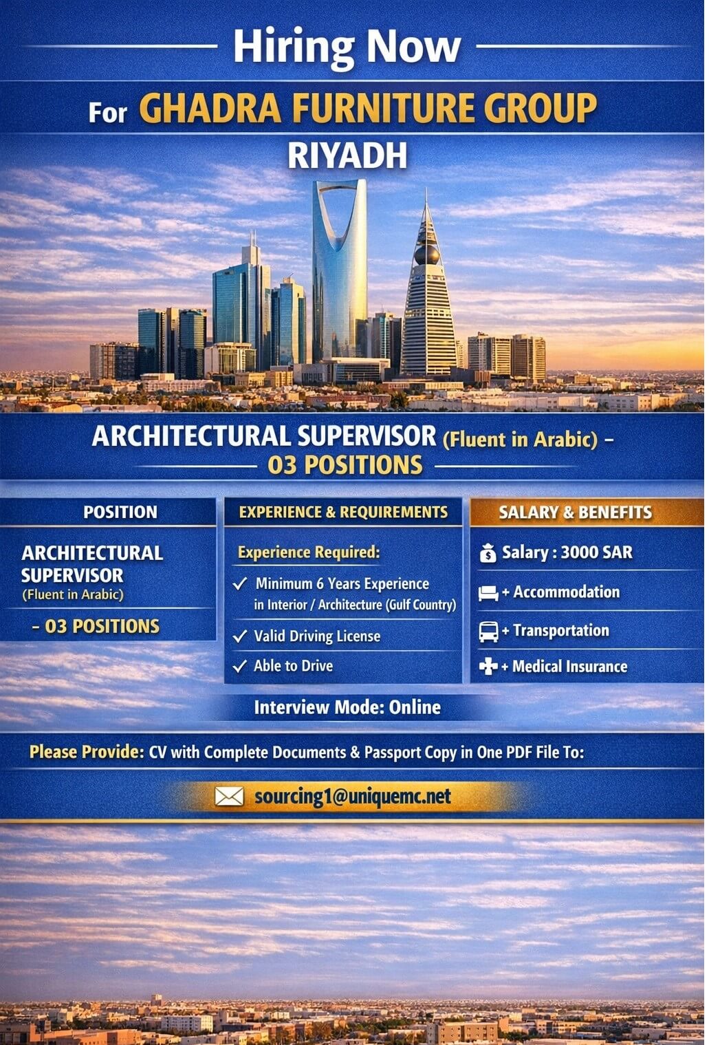 Urgent Requirement of Architectural Supervisor For Saudi Arabia
