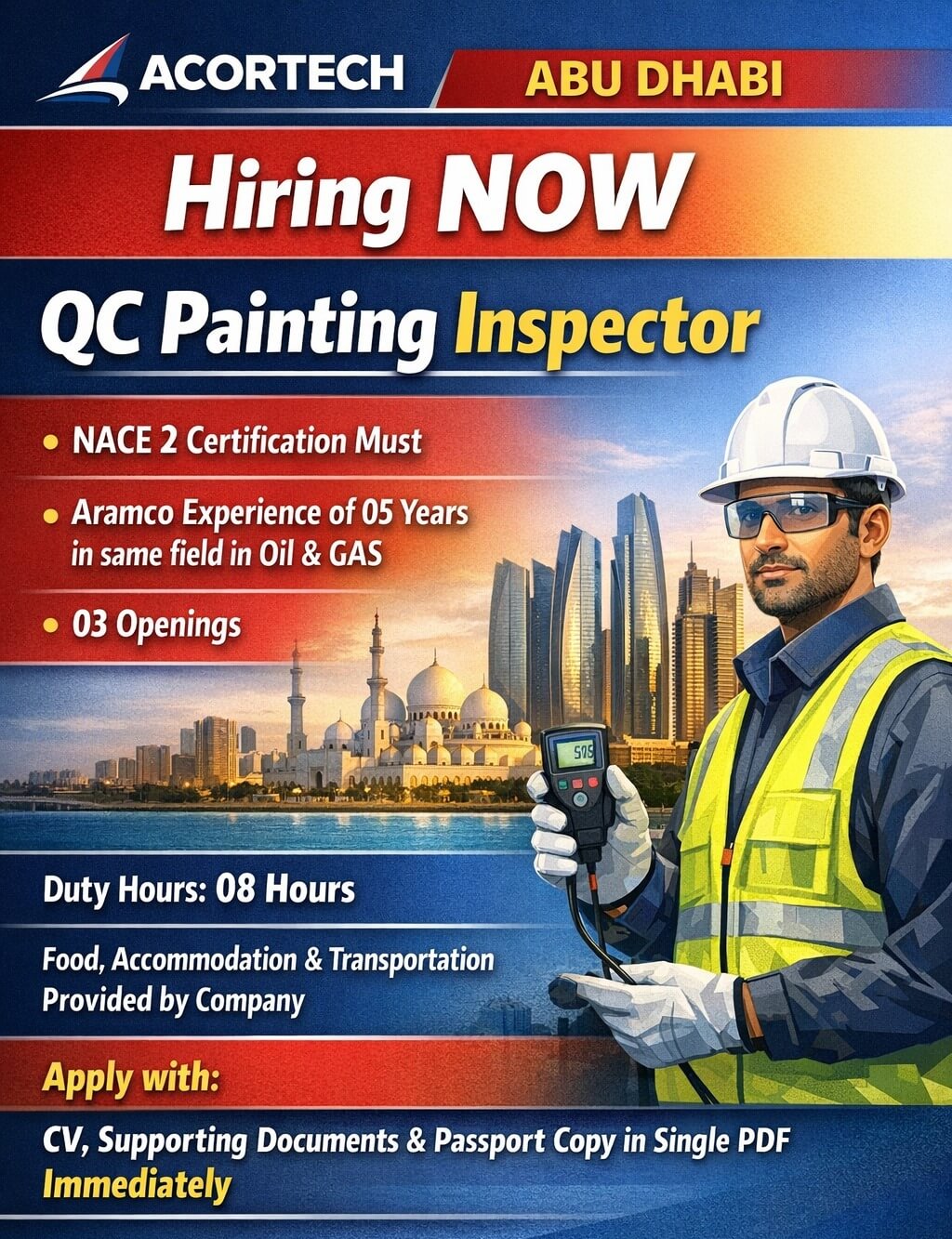 Hiring Now QC Painting Inspectors with NACE Level 2 Certification for Abu Dhabi